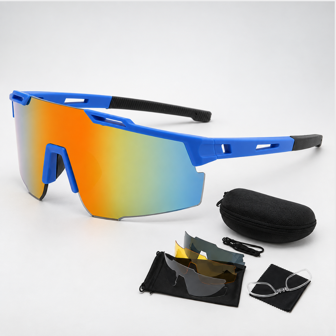 Blue photochromic cycling glasses with accessories and case on white background