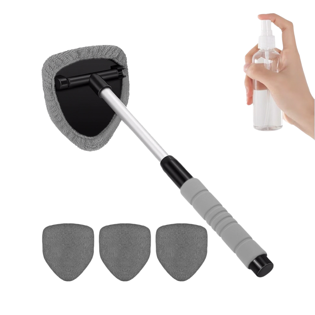 Grey double-sided magnetic car window cleaner set with cleaning pads and spray bottle