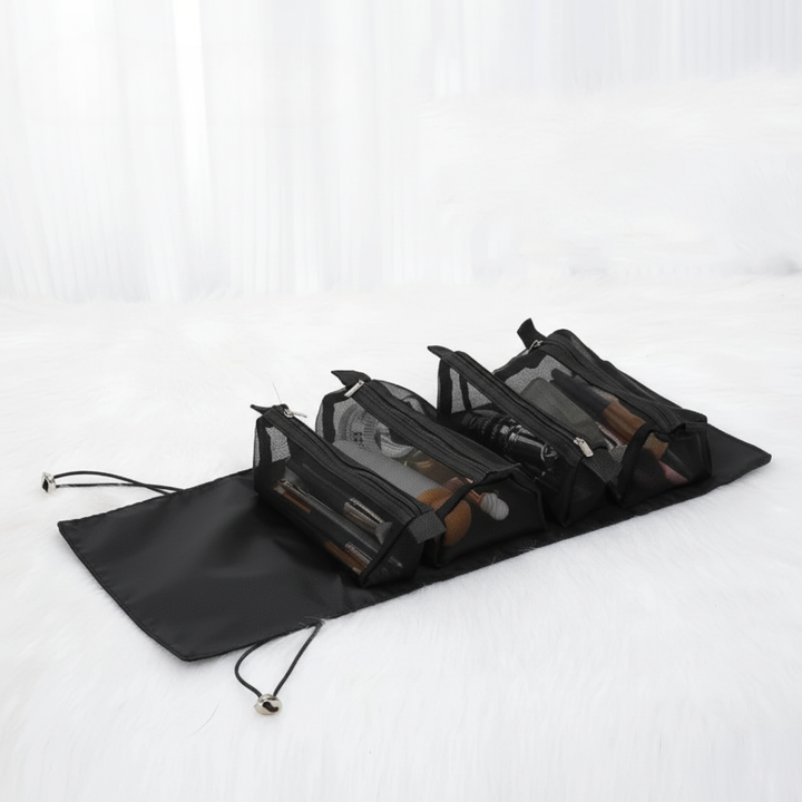 Black detachable folding cosmetic organiser displayed on a white fluffy surface