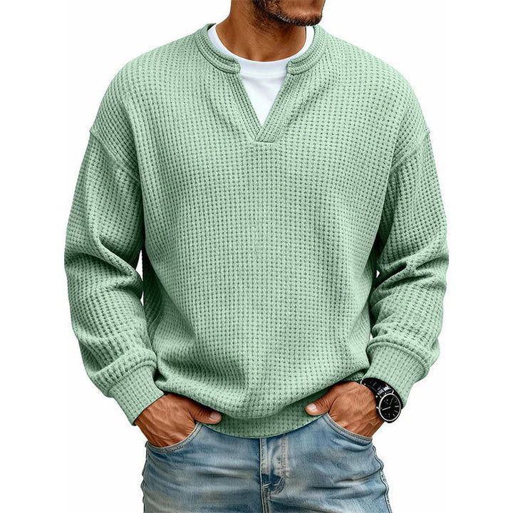 Detailed shot of neckline and cuff on mens waffle knit shirt