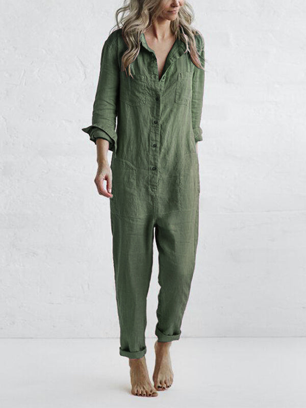 Woman wearing a green long sleeve button-front jumpsuit
