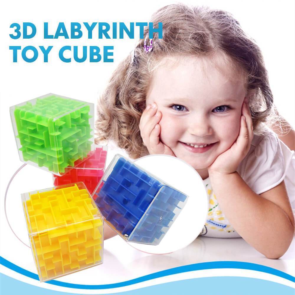 Young girl smiling alongside multiple colorful 3D cube puzzle maze toys