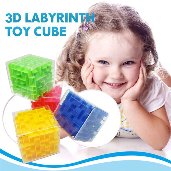 Young girl smiling alongside multiple colorful 3D cube puzzle maze toys
