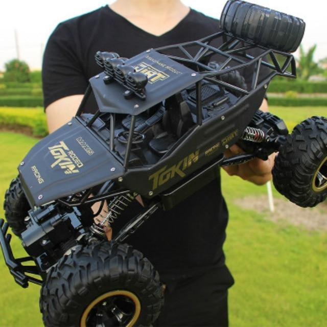 Person holding the black BeastRider RC monster truck outdoors