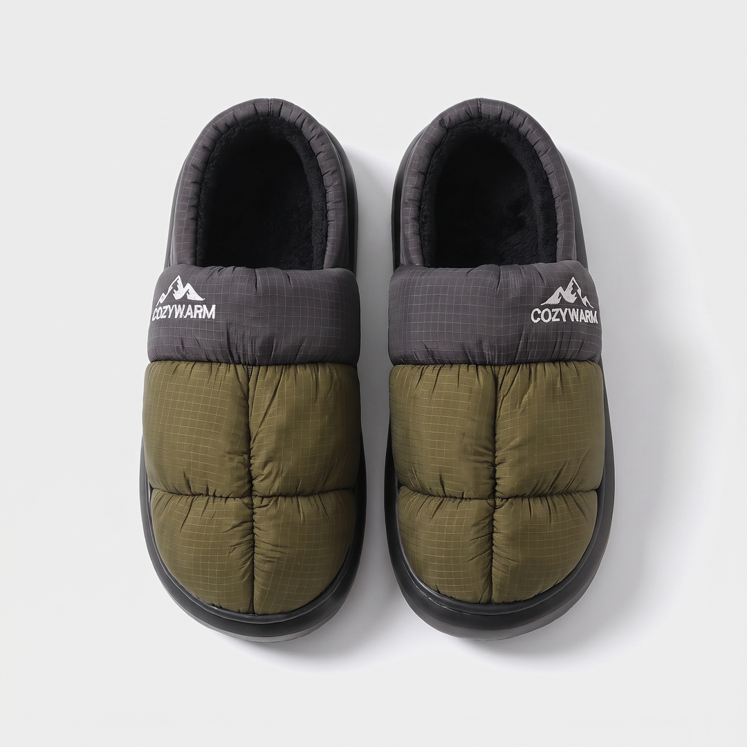 Top view of unisex closed-back outdoor camp slippers in black and green colorway