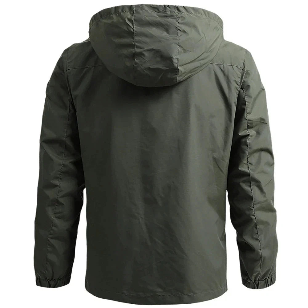 Back view of men's waterproof windbreaker jacket in army green