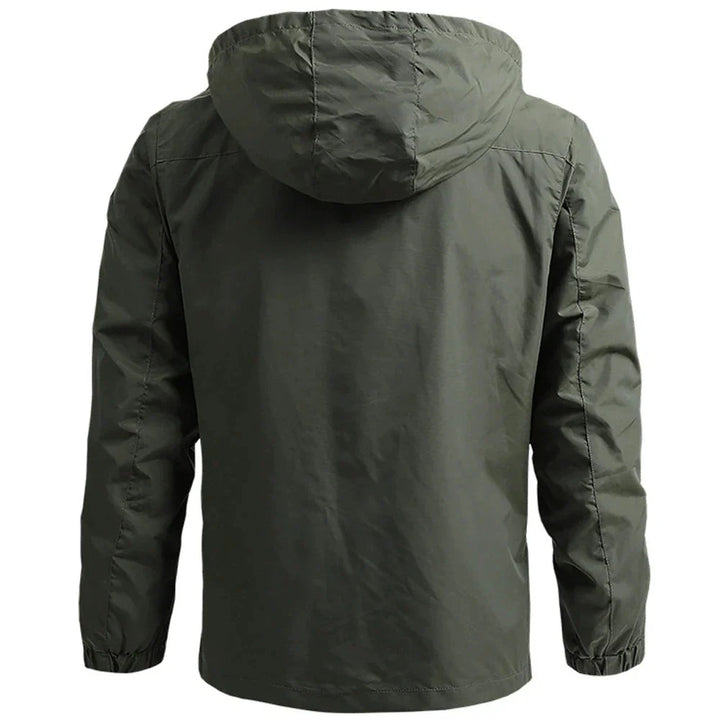 Back view of men's waterproof windbreaker jacket in army green