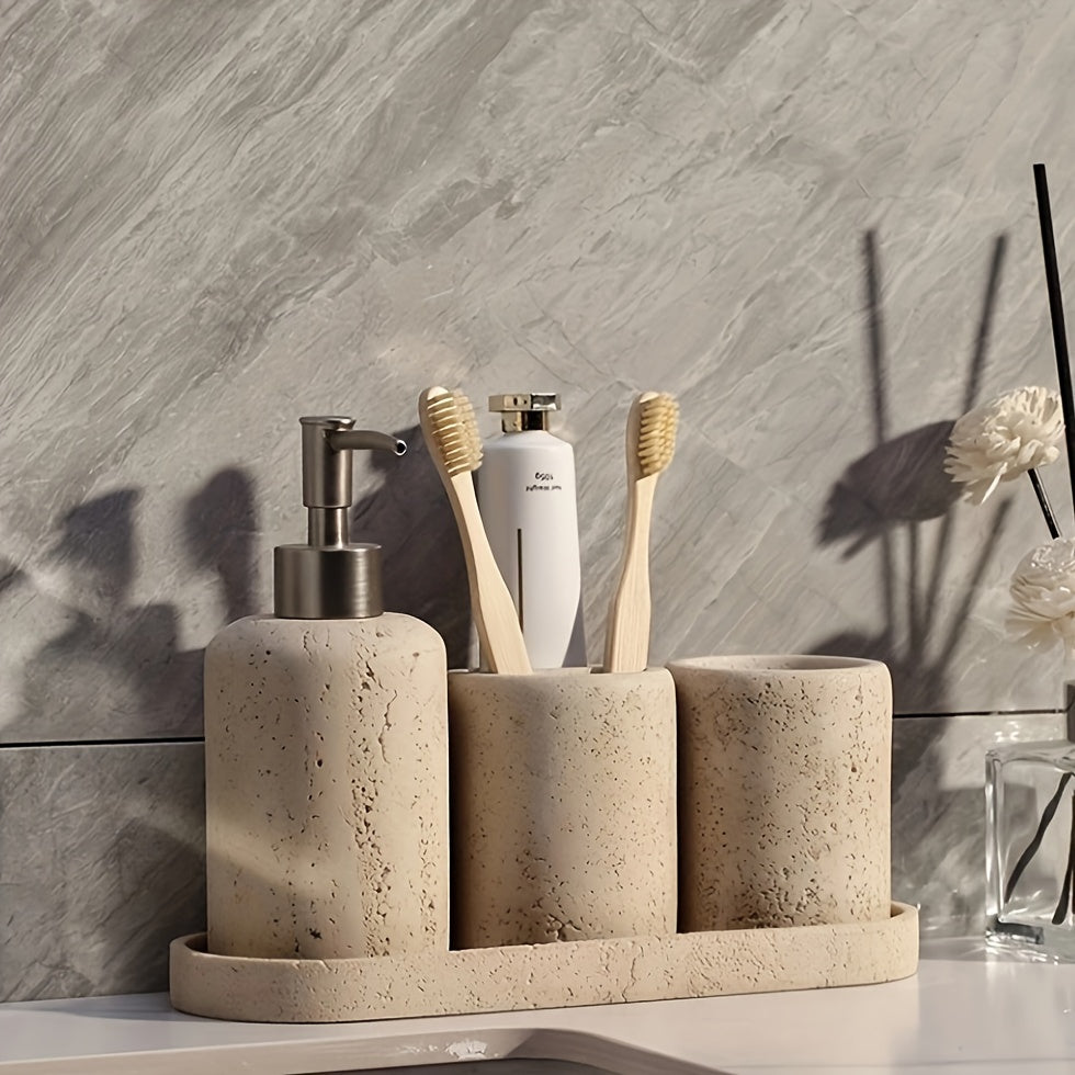 Marble soap dispenser set on a modern bathroom vanity tray