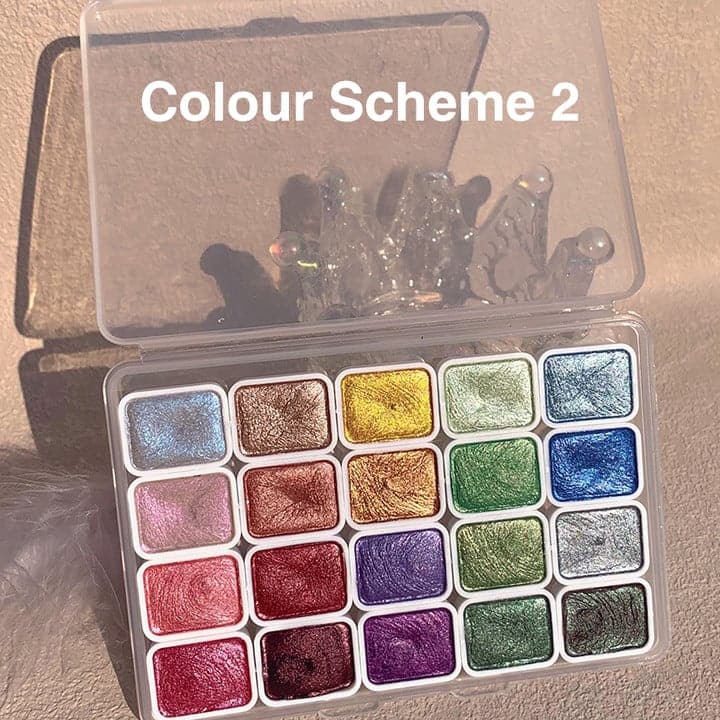 Watercolour palette filled with rich artist paints and metallic mica pigments