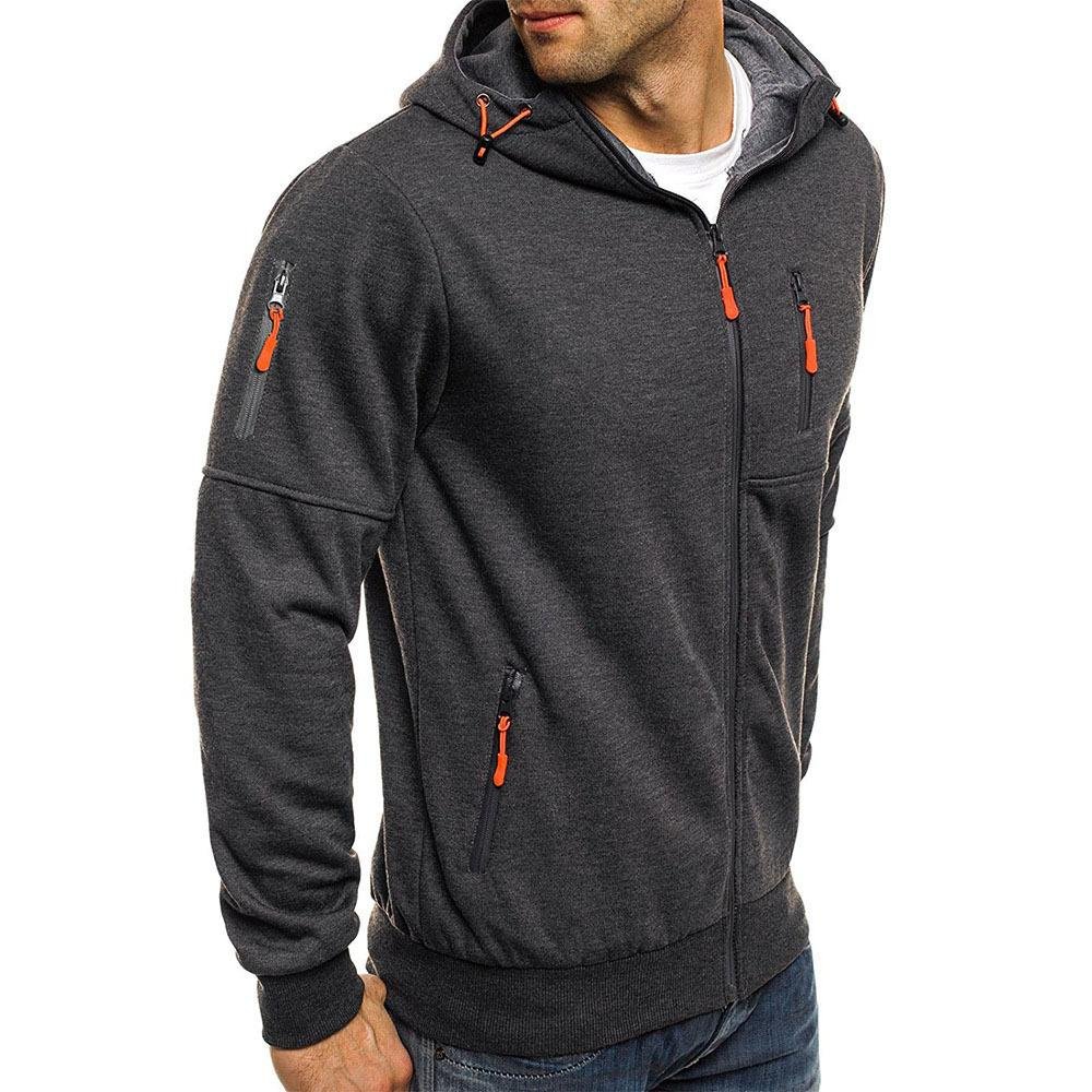 Comfortable active lifestyle hooded jacket for men showing zipper and pocket details