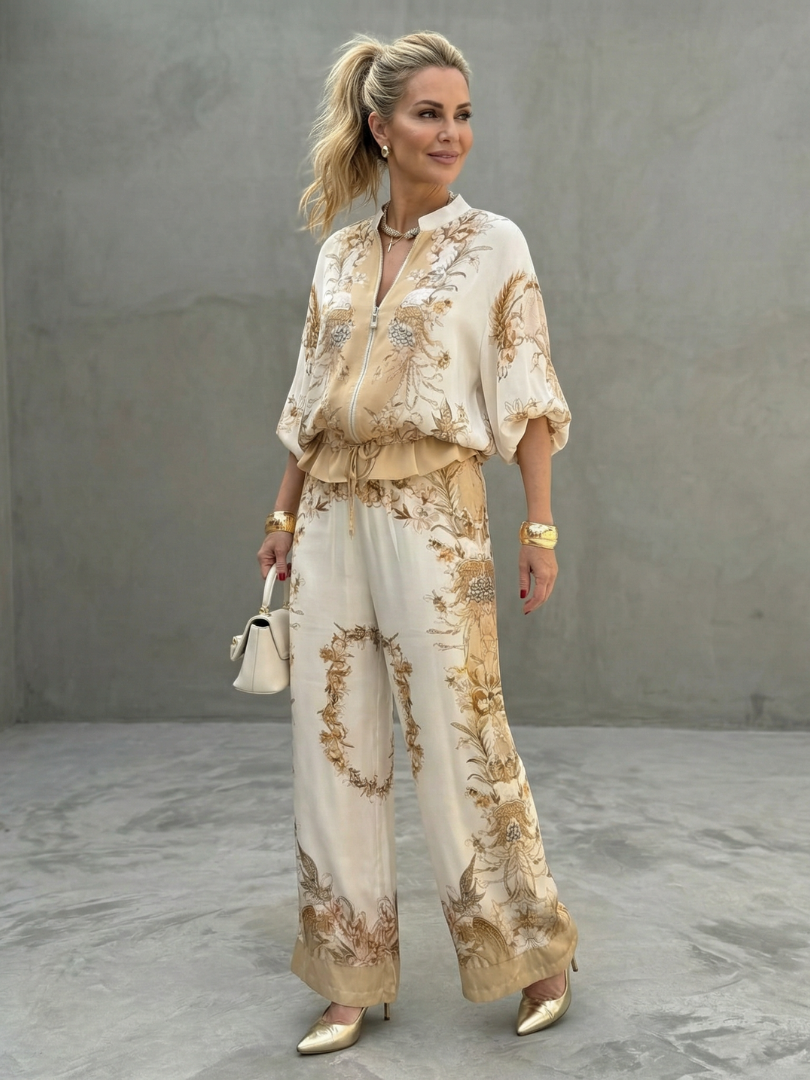Woman wearing a white and gold printed zip-front blouson top and wide-leg trousers set with heels and handbag