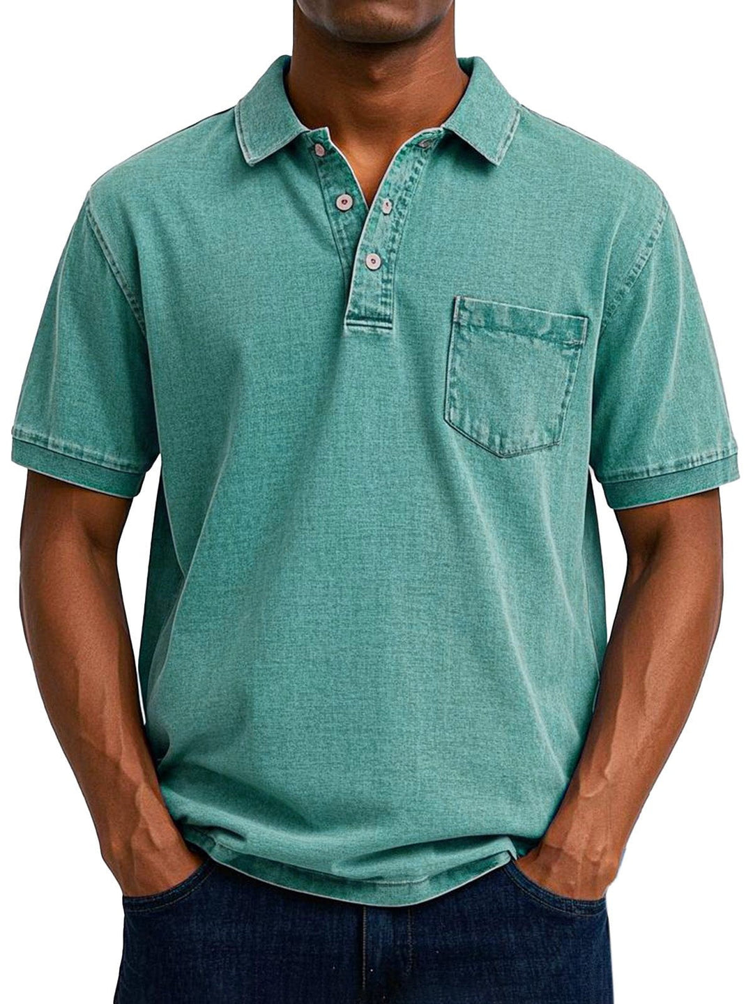 Man wearing green vintage casual polo shirt with buttoned placket