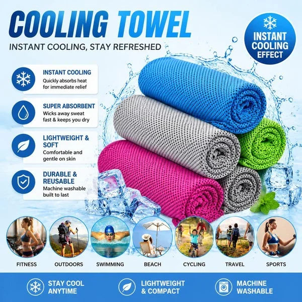 Rolled cooling towels in multiple colors displayed with outdoor activity icons