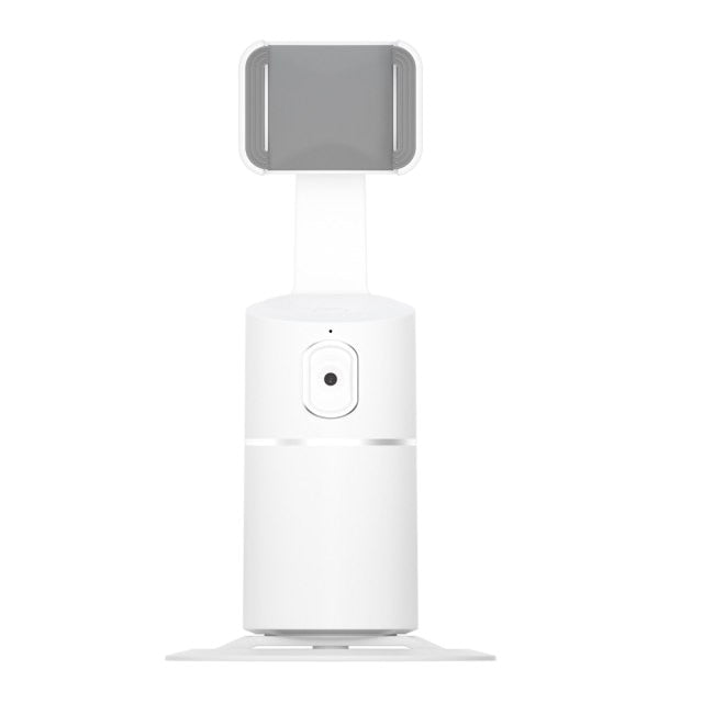 Portable auto-tracking phone mount resting on a flat surface ready for use.