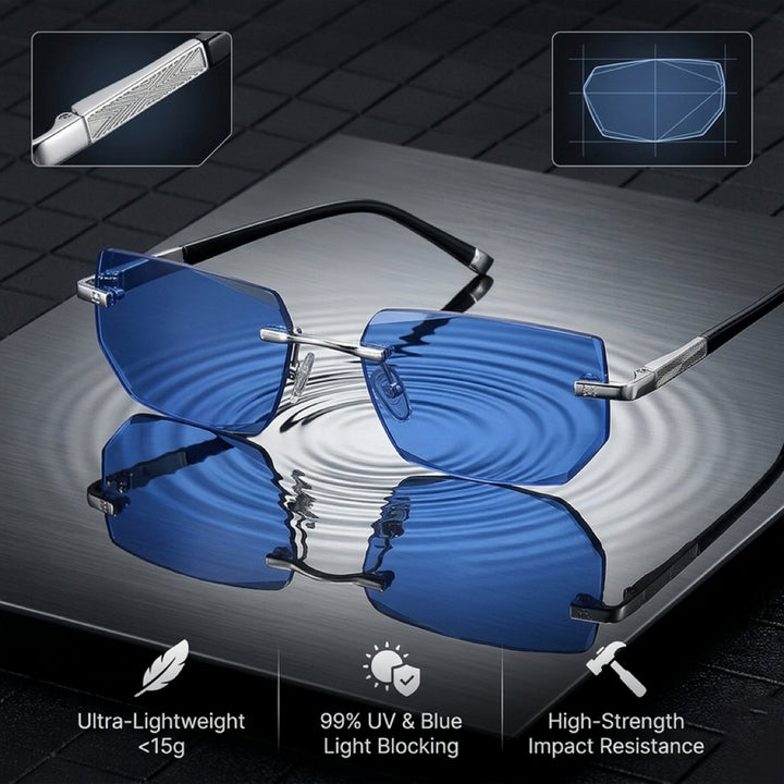 Close-up of silver metal frame hinges on auto-focus vision correction eyewear