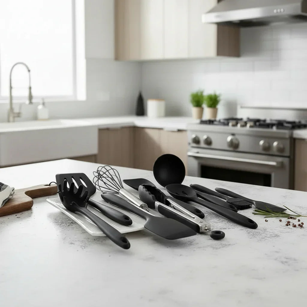 Black silicone kitchen utensil set displayed on a modern kitchen countertop