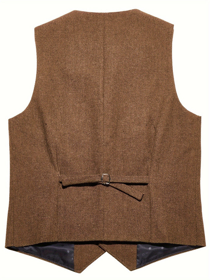 Back view of classic men's layering piece vest with adjustable strap