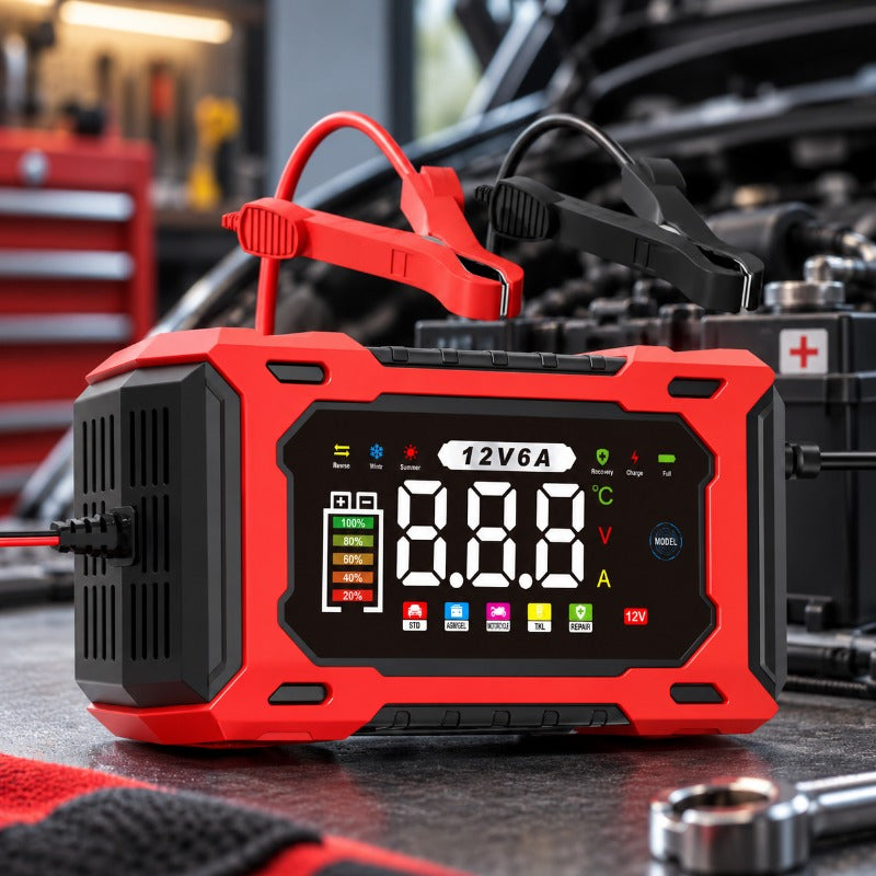 Smart 12V 6A automotive battery charger with digital display and cable clamps