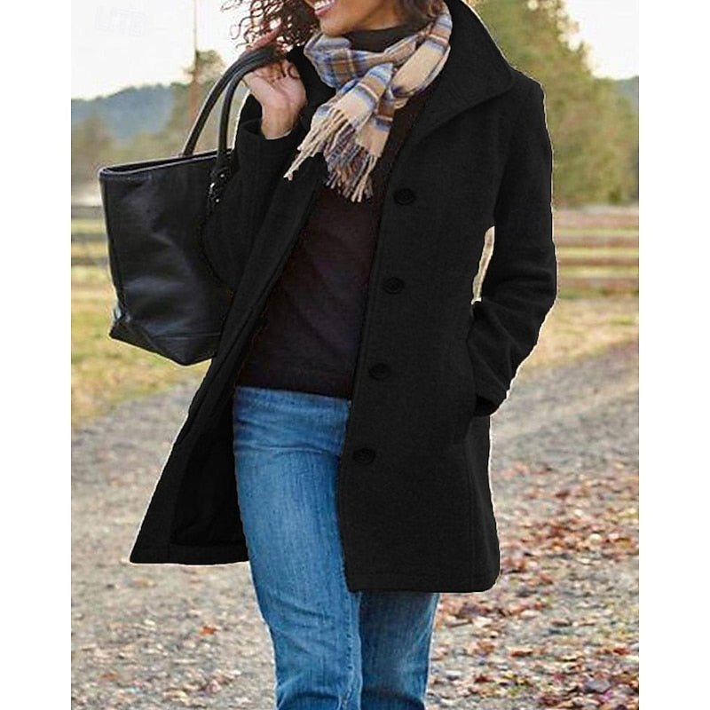 Casual outerwear jacket for women featuring front button closure and belt