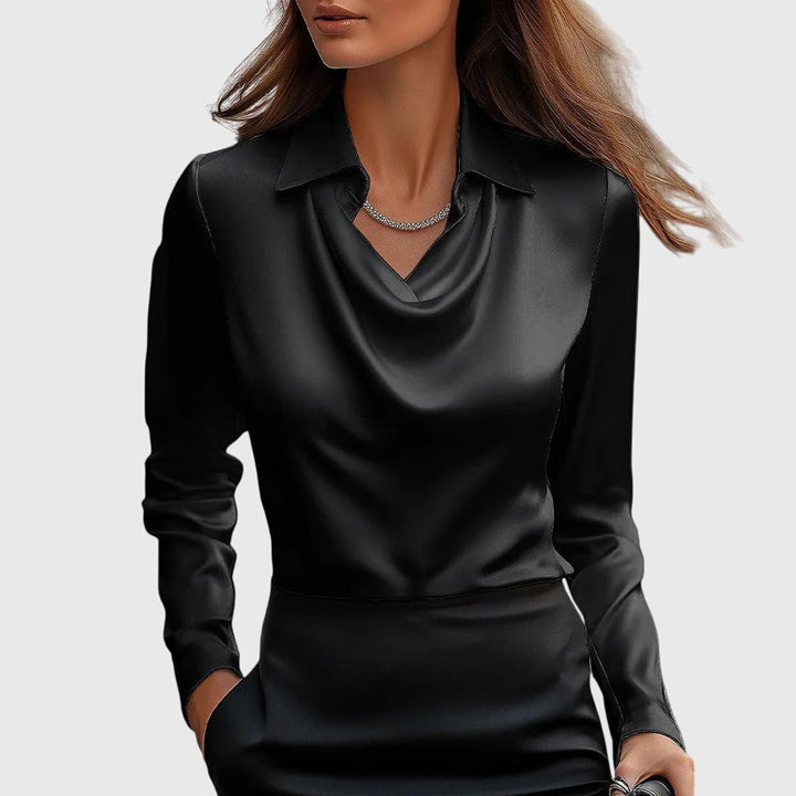 Model wearing a classic black elegant pleated neckline blouse