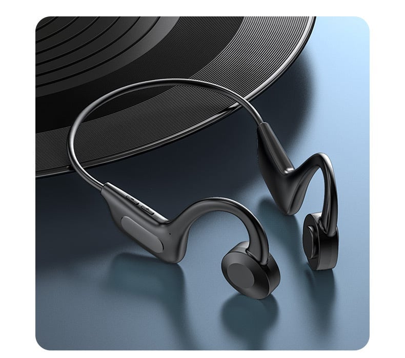 Detailed shot of open-ear sport headphones ear hooks and secure fit