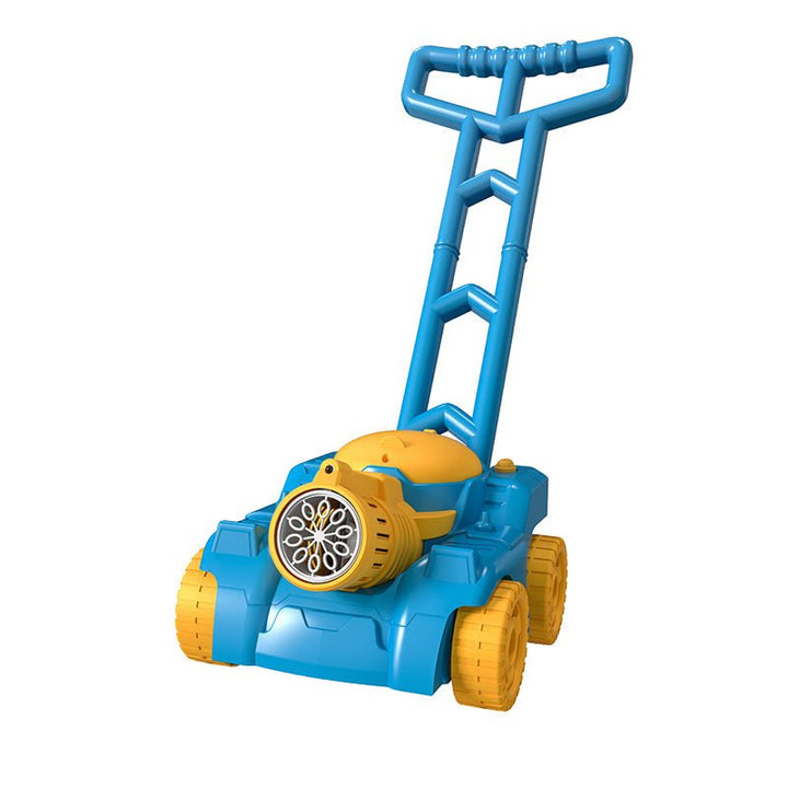 Childrens green and blue push toy lawn mower making bubbles outdoors