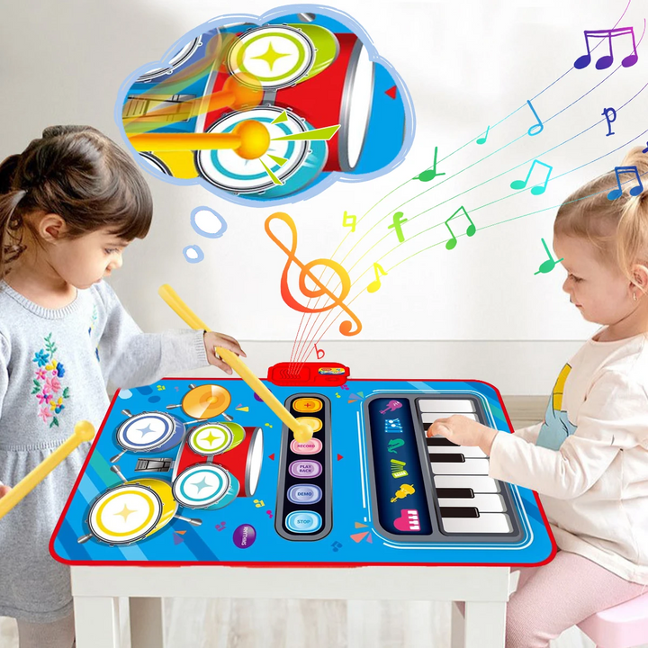 Child playing melodies on the colorful musical floor toy mat