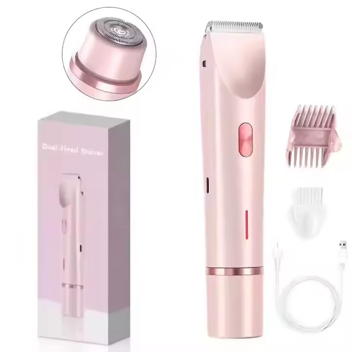 Women's electric shaver in pink with accessories and packaging