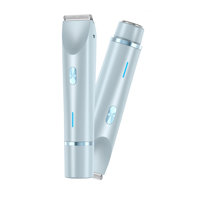 Blue dual-head electric shaver and bikini trimmer