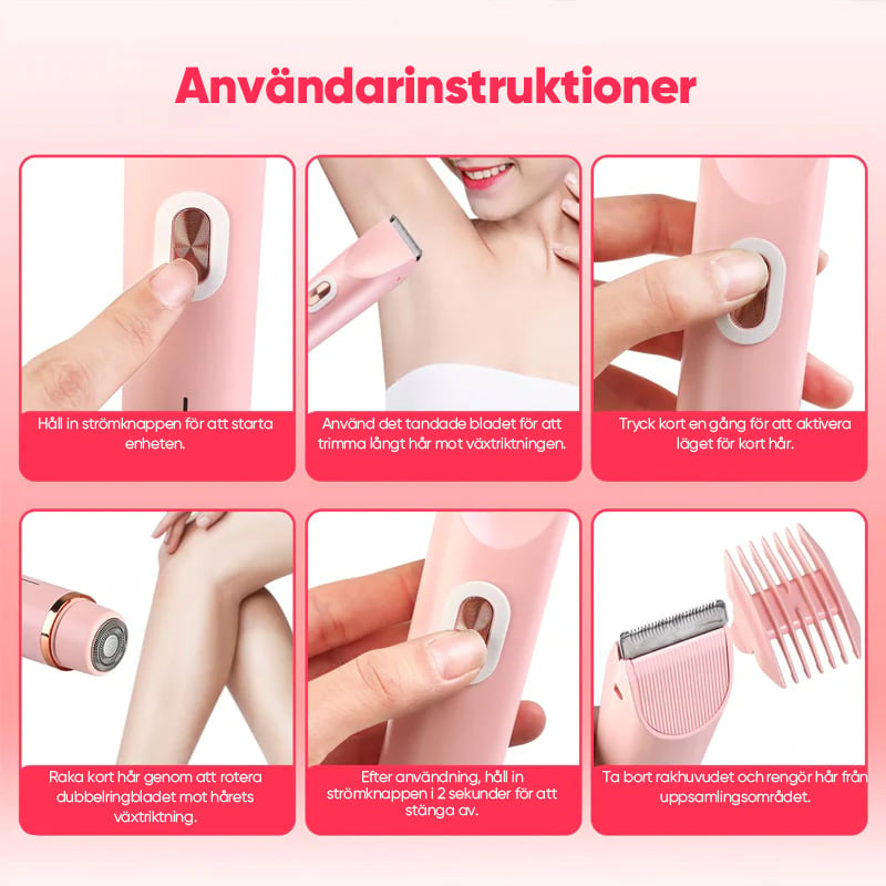 Rechargeable women body groomer and electric shaver shown with accessories