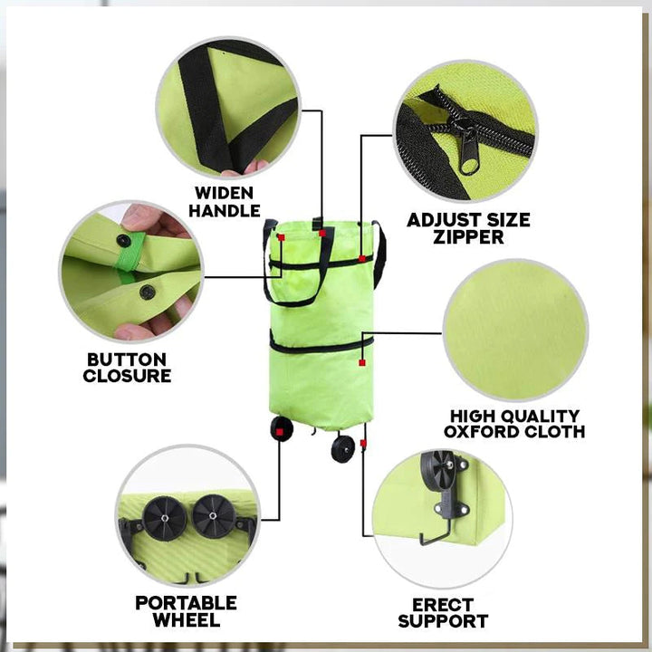 Product feature diagram highlighting handles, wheels, and folding mechanism