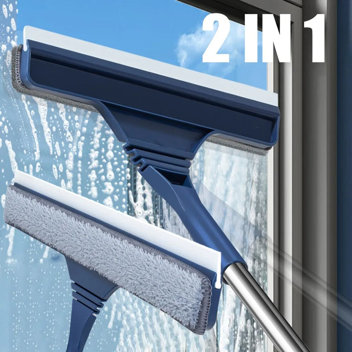 Detailed view of the blue window squeegee head and telescopic handle