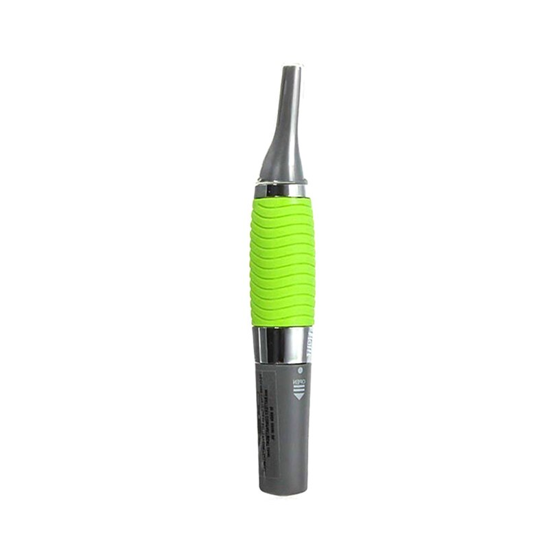 Close-up of gray and green nose and ear trimmer device standing vertically