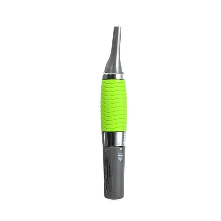 Close-up of gray and green nose and ear trimmer device standing vertically