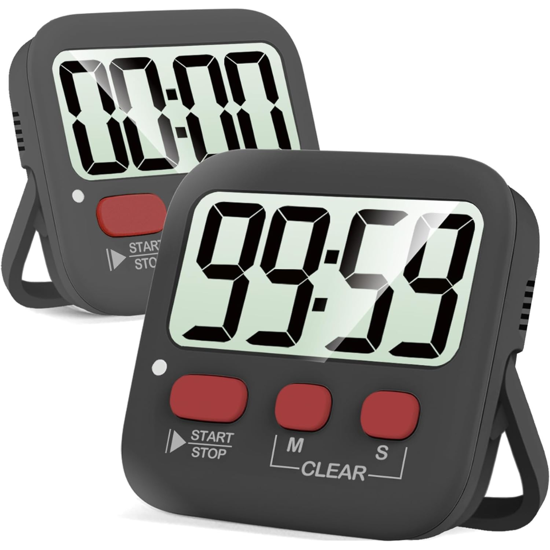 Two dark grey digital kitchen timers with large LCD screens and red control buttons