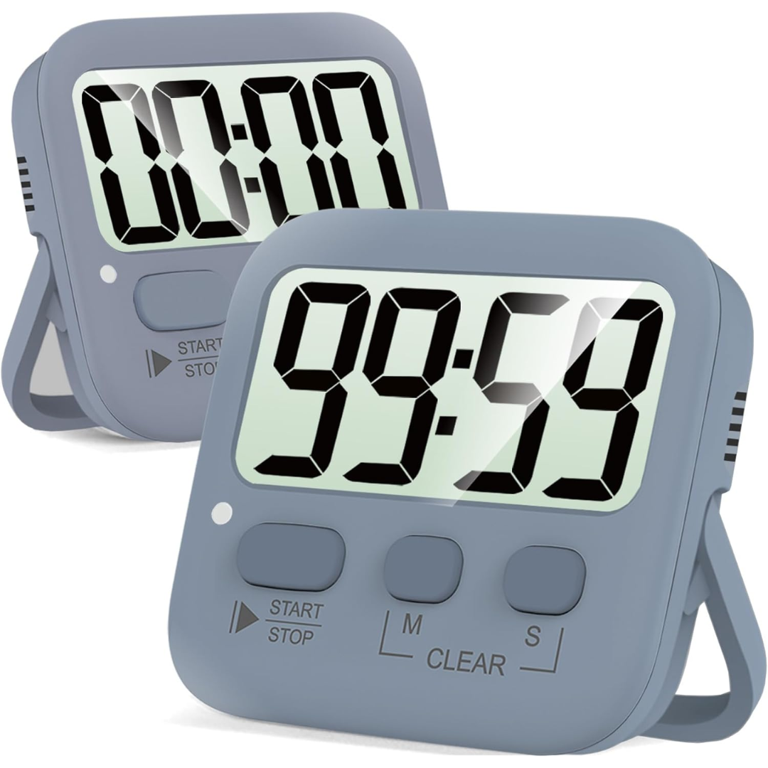 Two soft grey digital kitchen timers with clear countdown digits and intuitive buttons