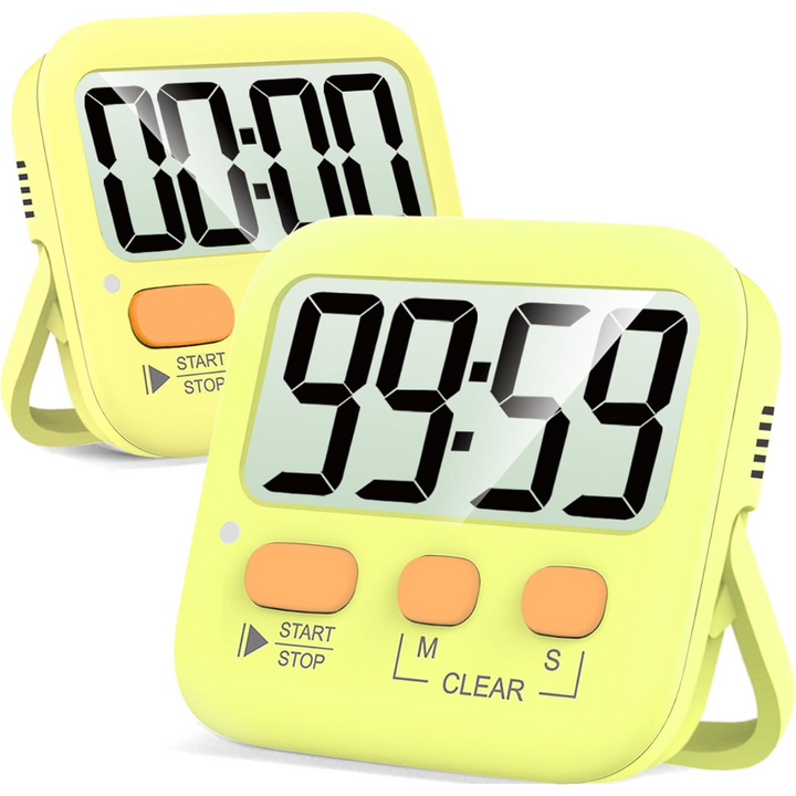 Two bright yellow digital kitchen timers displayed at an angle on a white background