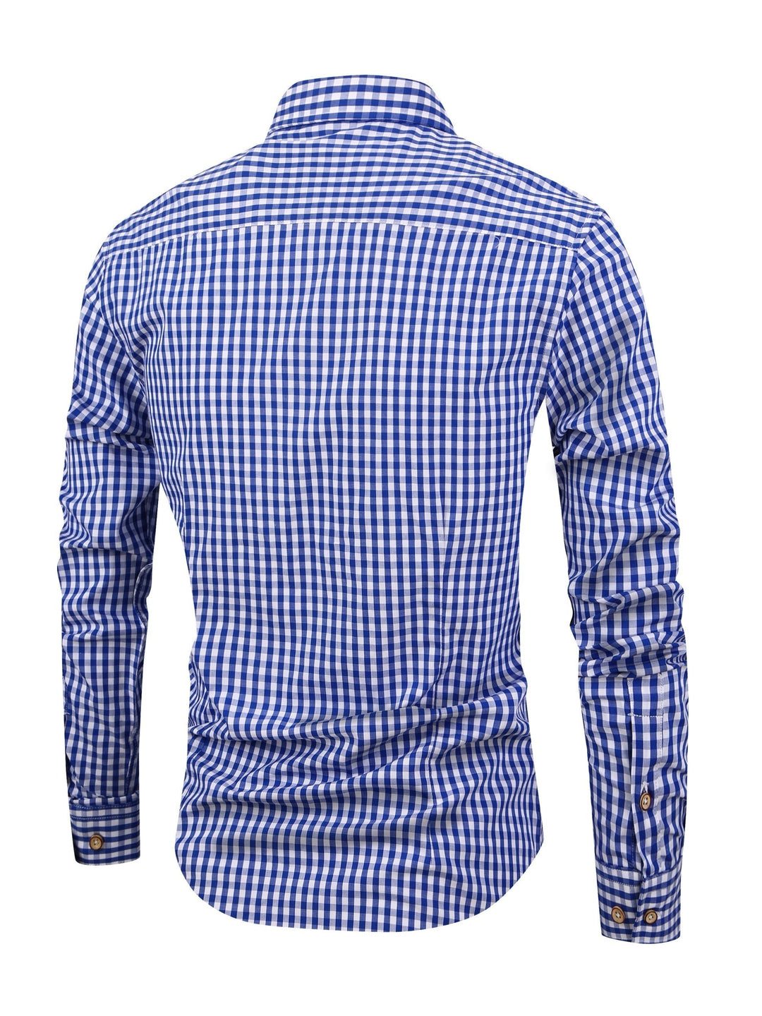 Blue and white check men's long sleeve shirt back view