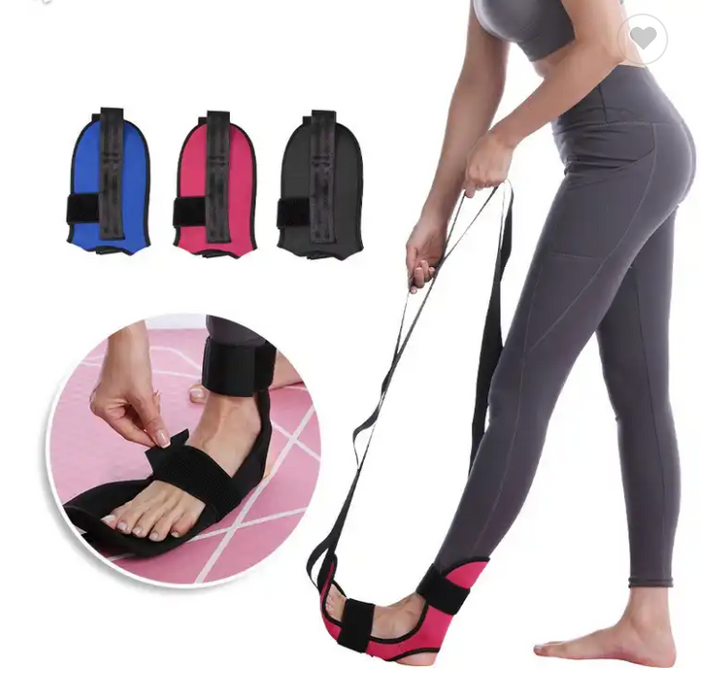 Display of leg stretcher straps in blue, pink, and black colors with close-up of foot placement [[lstfy-media:2]]
