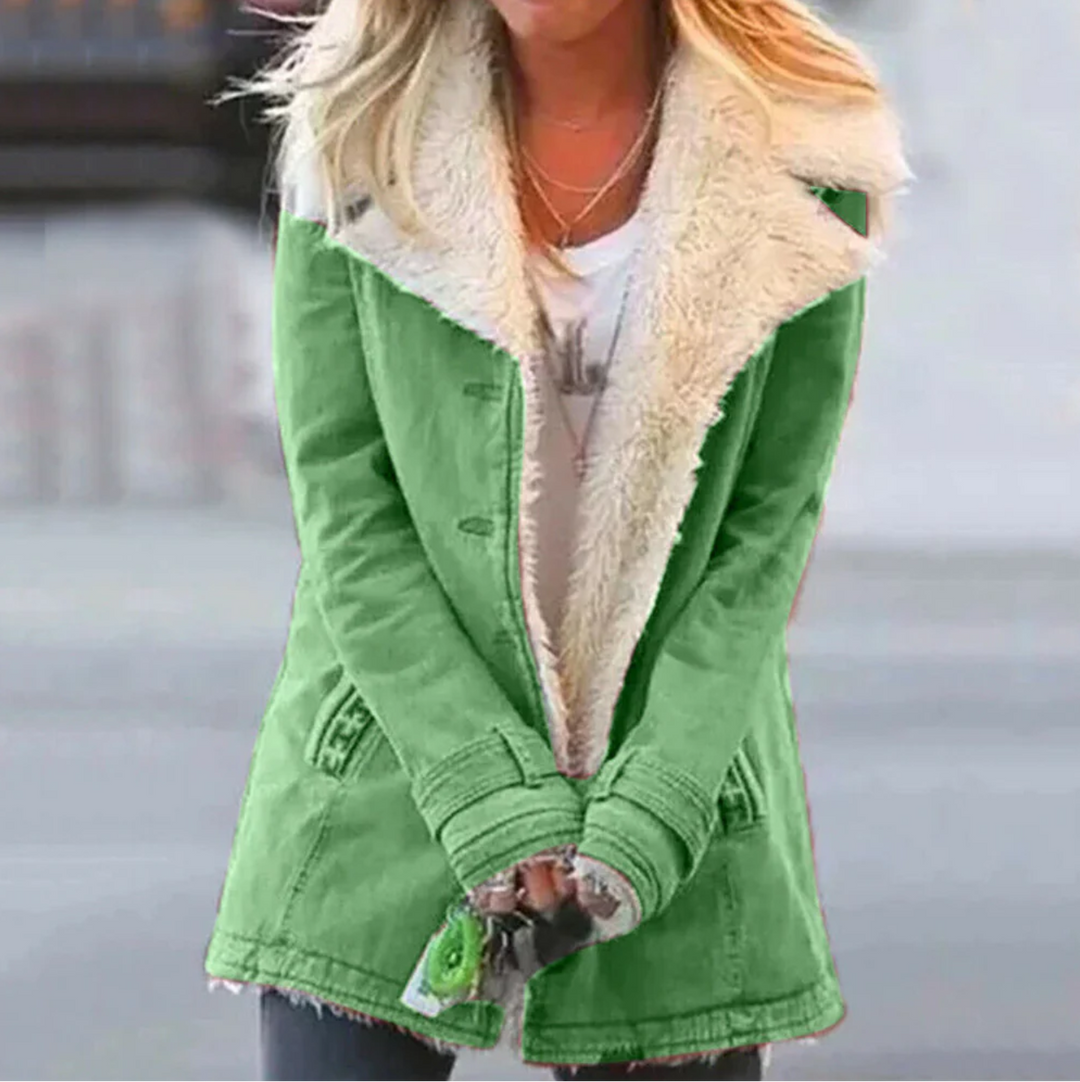 Close-up view of the green thermal winter jacket with plush collar detailing