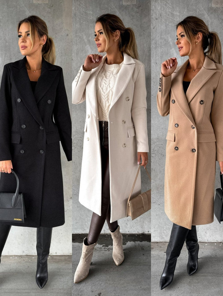 Back view of tailored winter outerwear coat for women