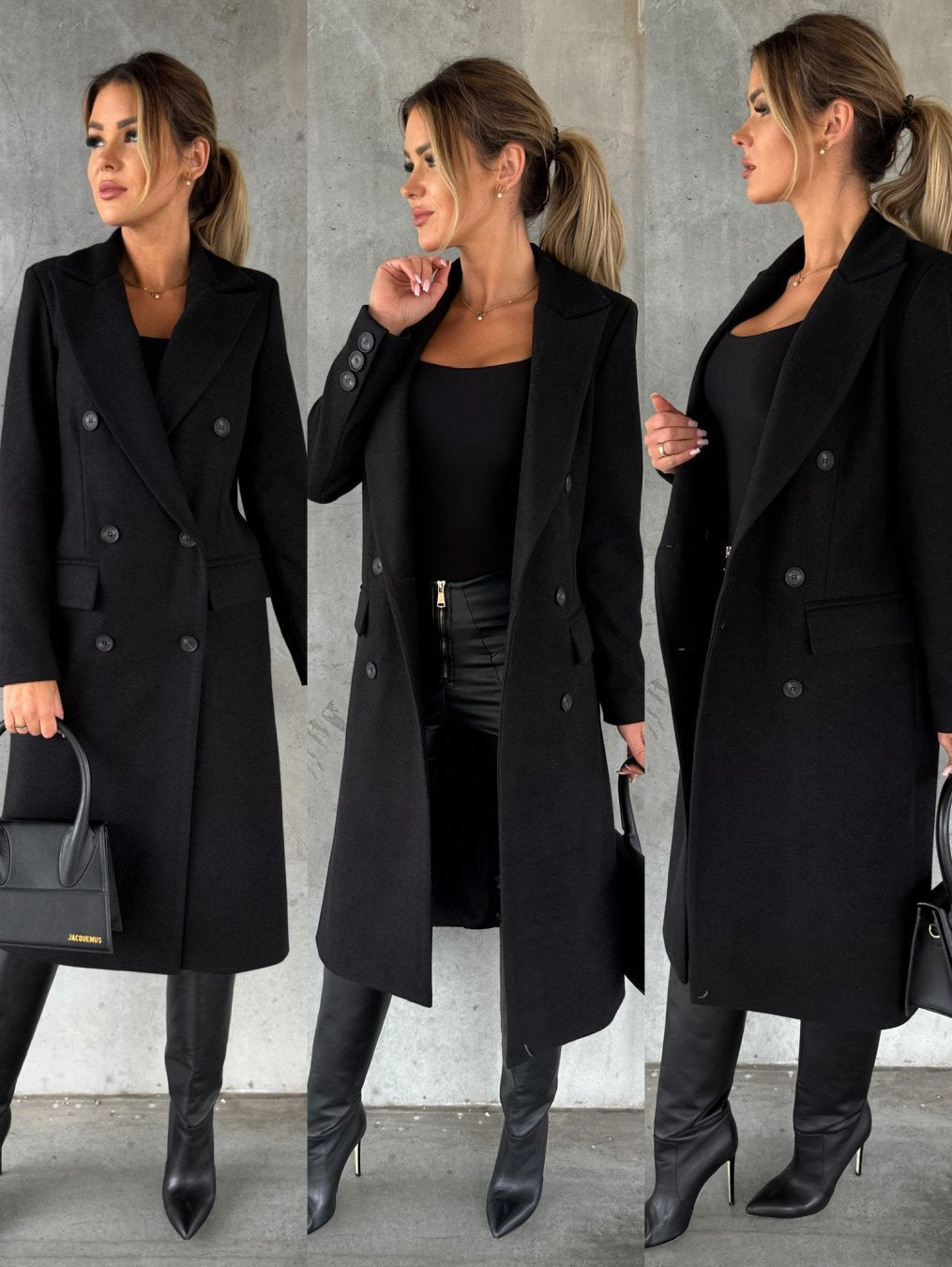 Fabric texture and stitching detail of womens tailored winter jacket