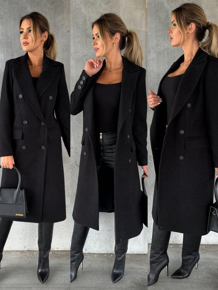 Fabric texture and stitching detail of womens tailored winter jacket