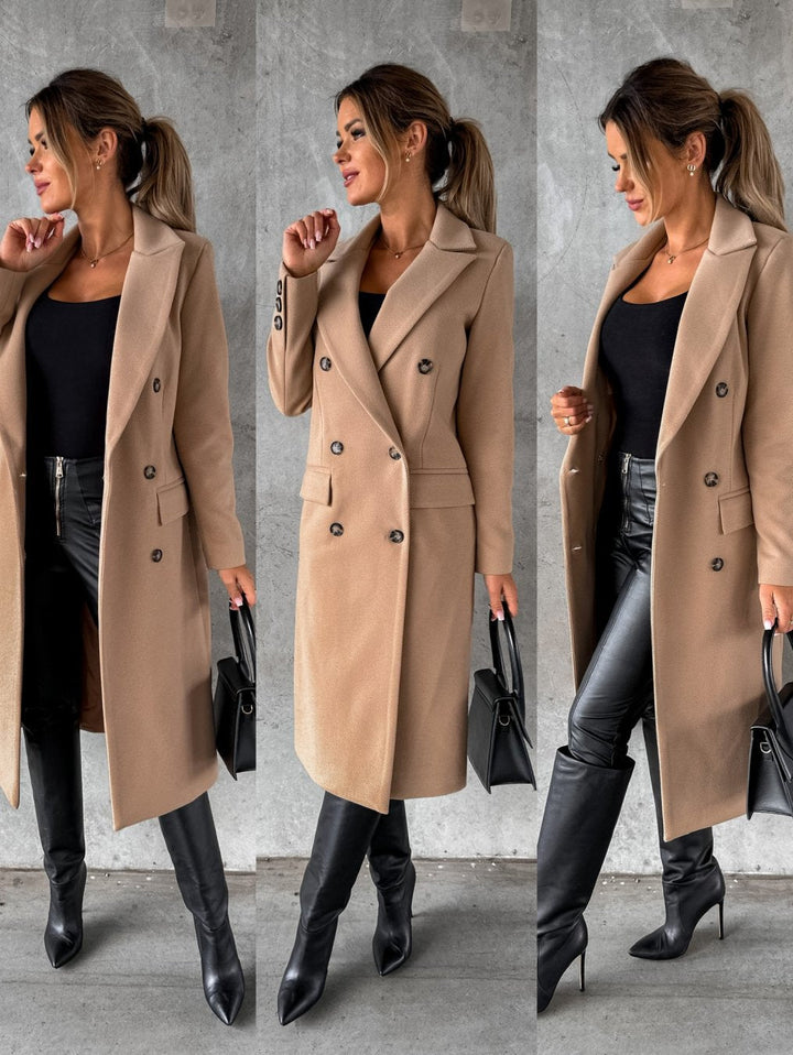 Full length shot of womens double-breasted winter coat outfit
