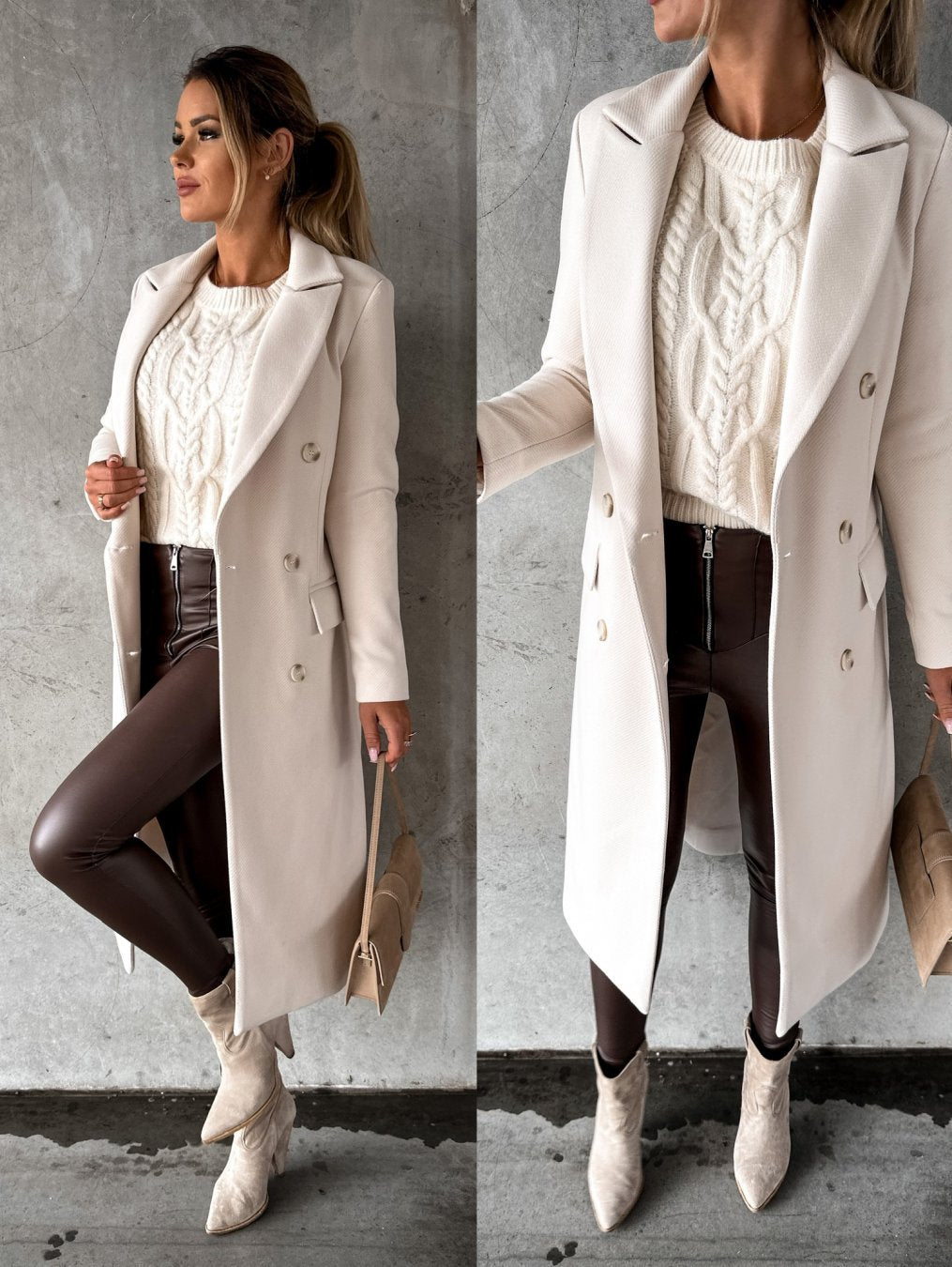 Stylized winter fashion look featuring a neutral colored coat