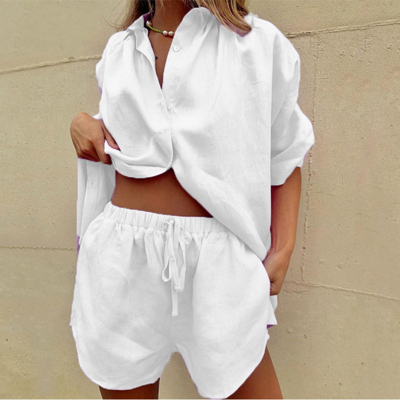 Close-up of the white version of the casual summer two-piece outfit