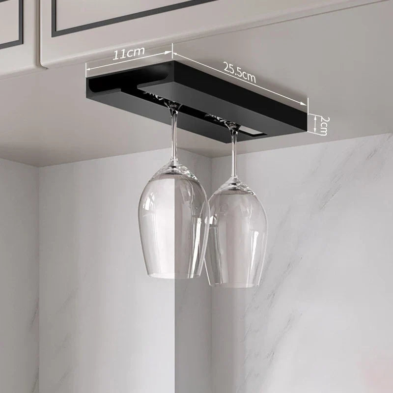 Black wine glass rack mounted under kitchen cabinet with dimensions