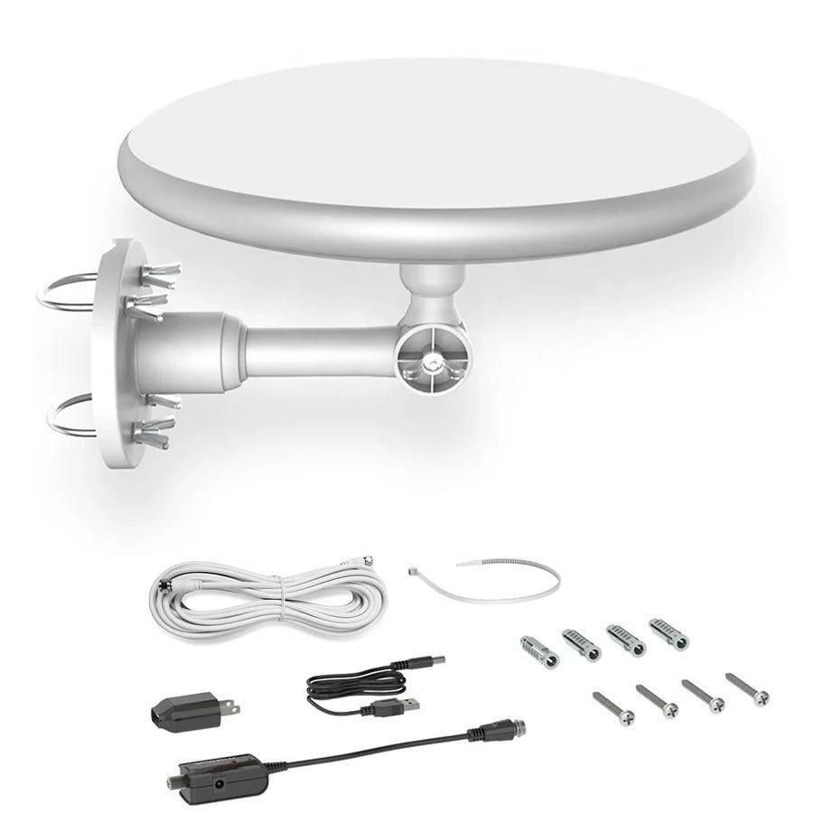 Outdoor digital HD TV antenna unit shown alongside mounting hardware, power supplies, and coaxial cable.