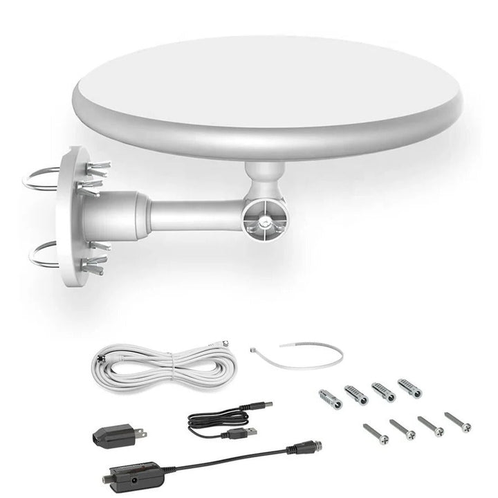 Outdoor digital HD TV antenna unit shown alongside mounting hardware, power supplies, and coaxial cable.