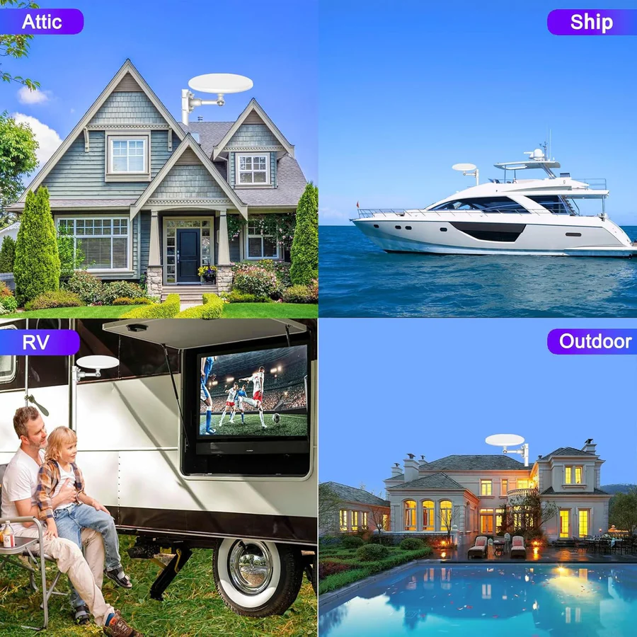 Outdoor digital HD TV antenna installed on a house roof, boat, RV, and backyard setting.